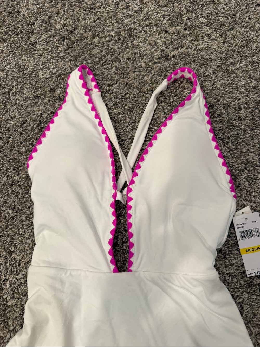 Lucky Brand One Piece Swimsuit Medium White Pink Trim Deep V Plunge NWT - Picture 3 of 7